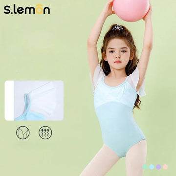 Girls Ballet Leotard Short Sleeve Kids Chinese Dance Exam Leotard Gymnastics Yoga Form Fitting Bodysuit