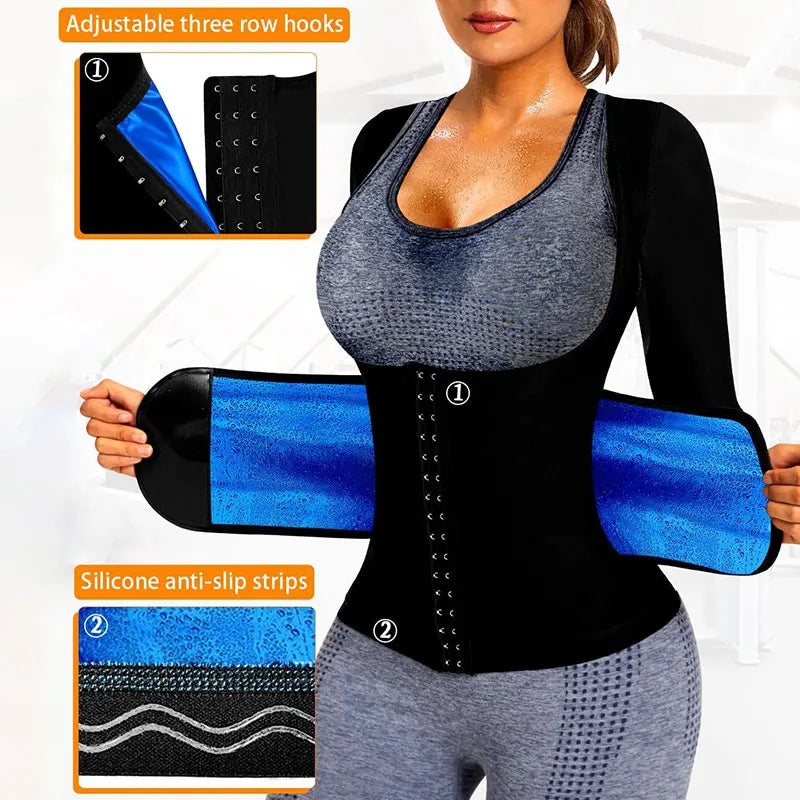 Sauna Sweat Suit for Women Slimming Long Sleeve Shirt Heat Weight Loss  Top Workout Shaperwear with Adjust Belt and Breathable