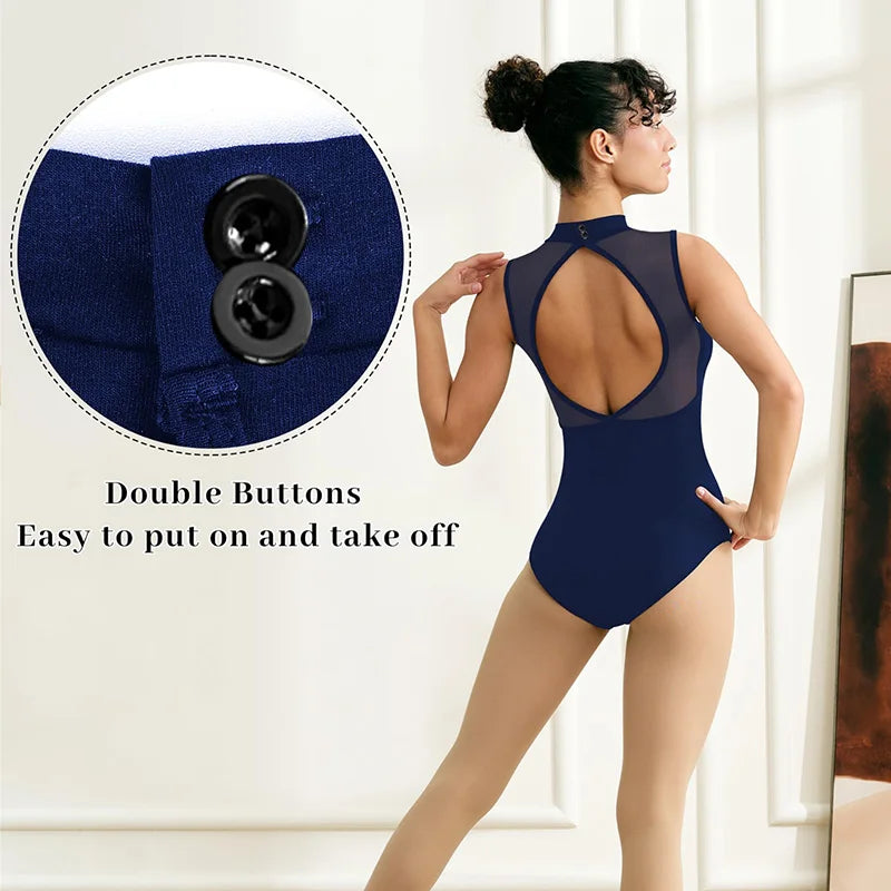 Women's Mock Neck Sleeveless Ballet Dance Leotard for Adult Gymnastics Tank Tops with Asymmetrical Mesh Splicing Dance Leotards