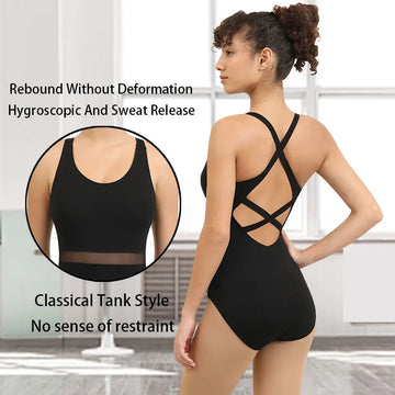 Women's Ballet Dance Leotard Tank Leotards Sleeveless with Mesh Waist and Crisscross Straps Back Ballet Bodysuit Clothes