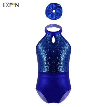 Kids Girls Sparkling Sequins Leotard with Metallic Hairband Ballet Leotard Child Gymnastics Bodysuit Teens Latin Dance Costume