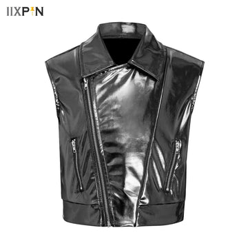 Waistcoats Kids Girls Boys Jazz Dance Costume Stage Performance Tops Fashion Childs Metallic Shiny Sleeveless Vests T-shirt
