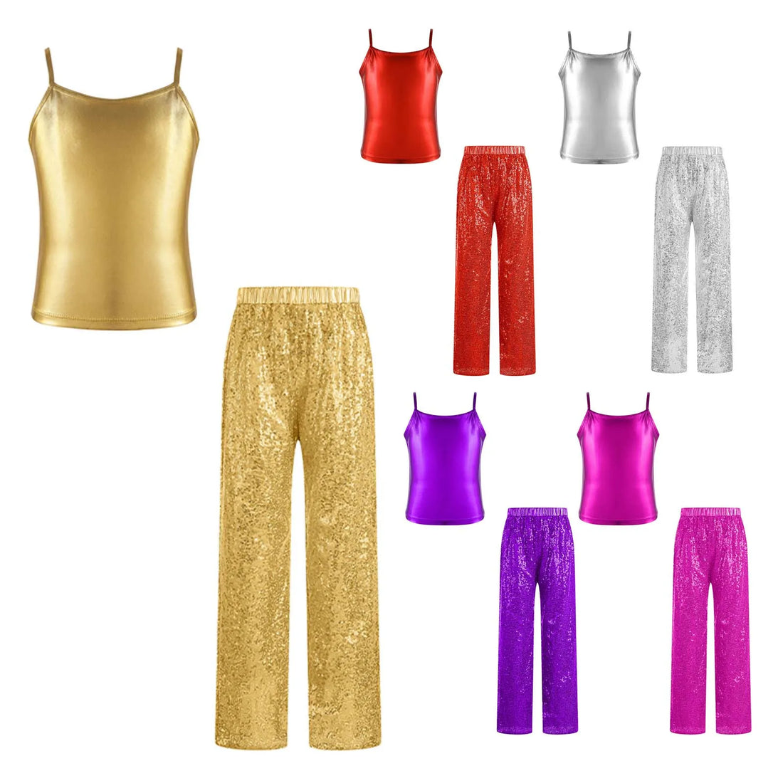 Kids Girls Street Dance Outfit Sleeveless Crop Top with Metallic Shiny Pants School Show Hip Hop Jazz Dancewear 70s 60s Disco