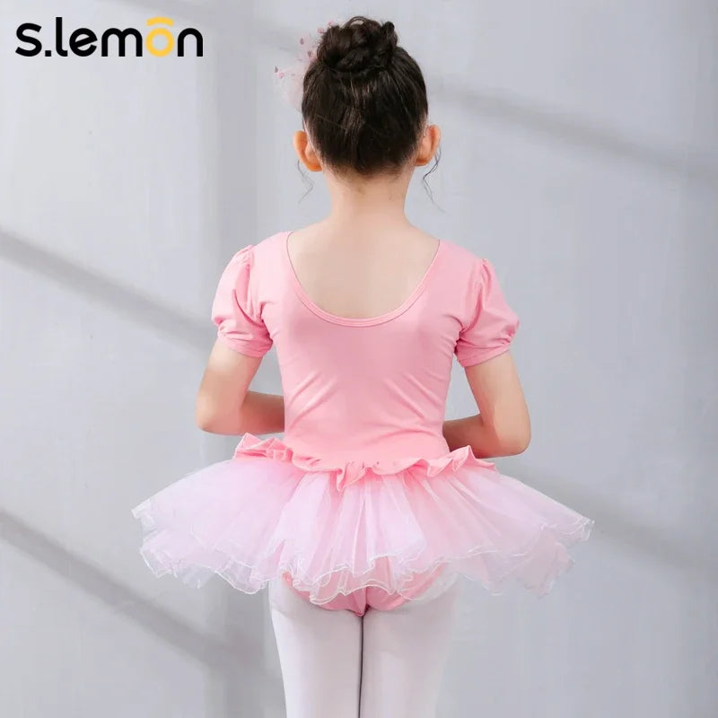 S.lemon Girls Ballet Leotard Tutu Dress Short Sleeve Puffy Mesh One-Piece Summer Chinese Dance Costume 100-150cm Free Shipping