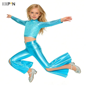 Kids Girls Pageant Set Sequin Crop Top And Split Bell Bottom Pants for Disco Dance Costume for Belly Jazz Dance Performance