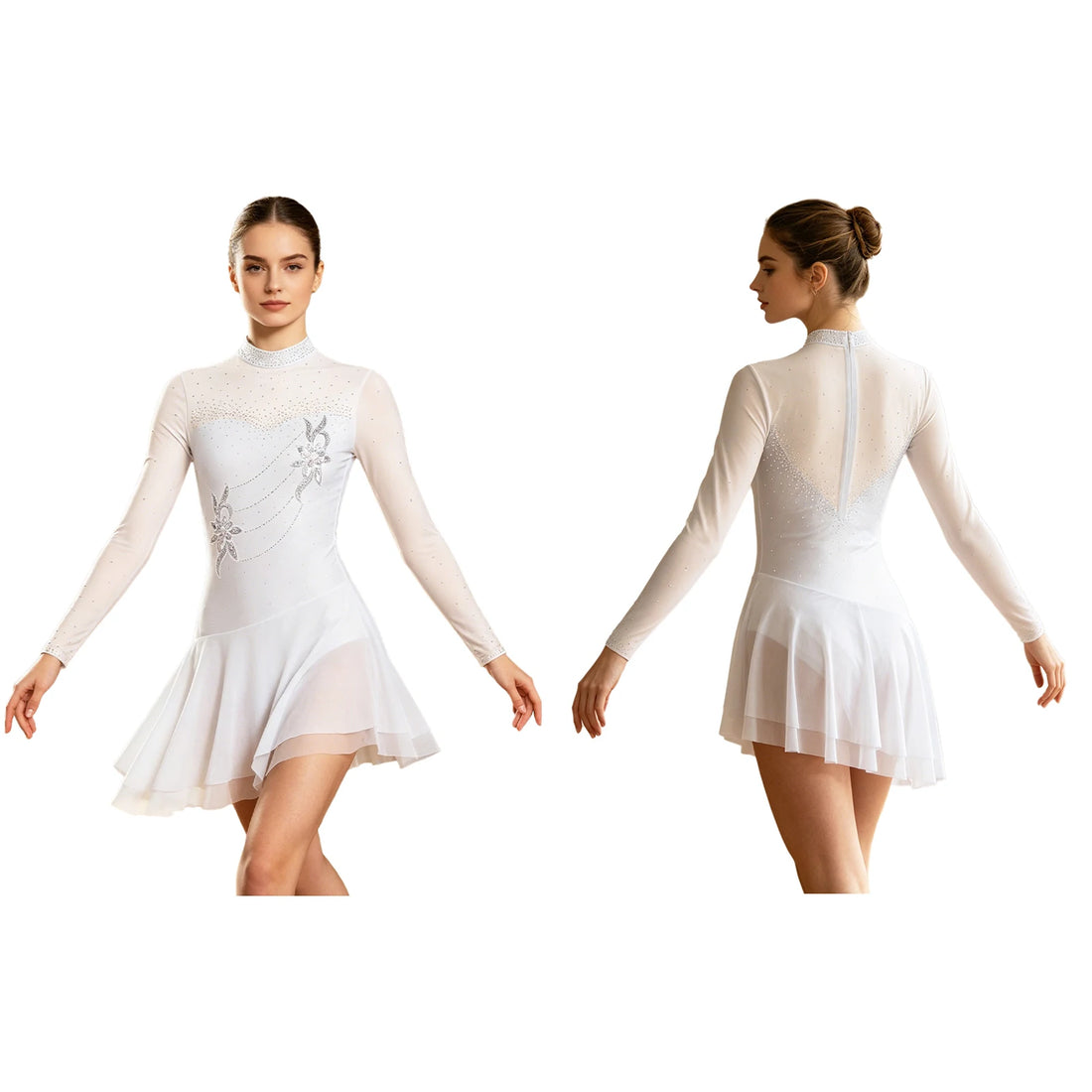 Long Sleeve Contemporary Lyrical Dance Performance Costumes for Women Ballet Figure Skating Leotard Dress Rhinestones Dancewear