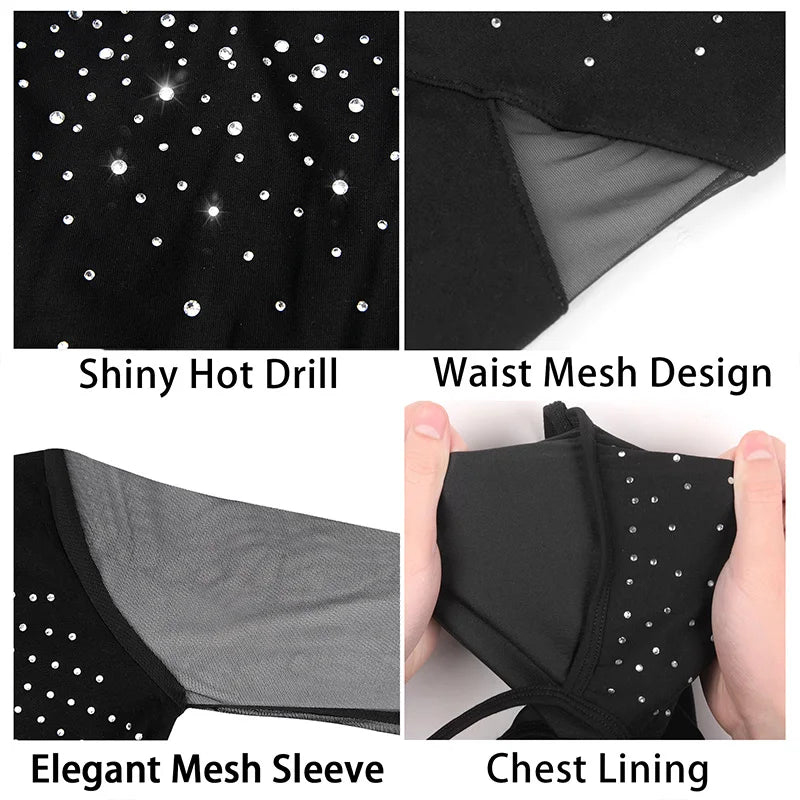 Women's Mesh Long Sleeve Ballet Dance Leotards for adult Gymnastics Dance Tops with Shiny Hot Dill and Soft Lining Dancewear