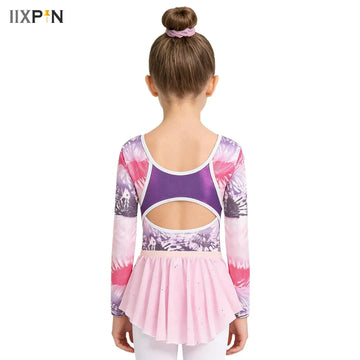 Kids Girls Long Sleeve Patchwork Print Rhinestones Ballet Stage Bodysuit Lyrical Mesh Gymnastics Ballet Dance Leotard+Skirts