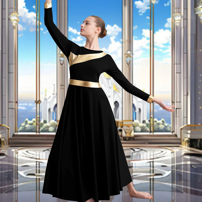Women's Praise Dance Dress Long Sleeve Loose Fit Church Dancewear Metallic Full Length Liturgical Worship Costume Dance Dress