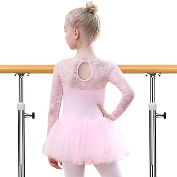 Girls Lace Long Sleeve Ballet Dress Dance Leotards for girl Gymnastics Tutu Skirts with Water-drop Hollow Back and Soft Lining