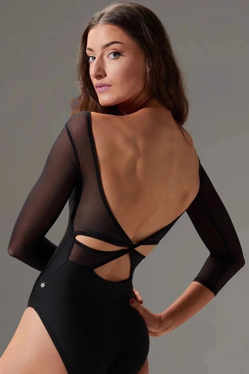Women's Black Gymnastics Leotards Long Sleeve Patchwork Mesh Bodysuits Adult Ballerina Dance Kink Costumes