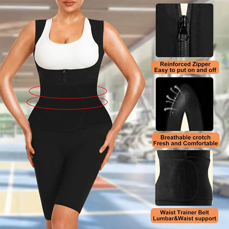 Sauna Suits for Women Full Body Waist Trainer Vest Workout Jumpsuits Slimming Body Shaper with Zipper and Breathable Crotch