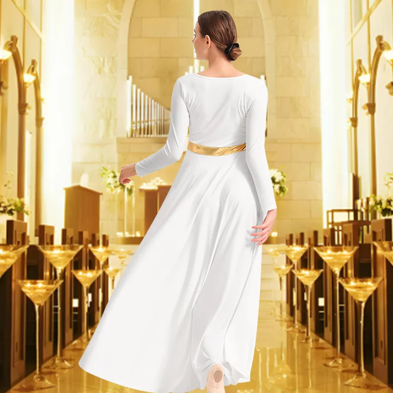 Women's Praise Dance Dress Long Sleeve Loose Fit Church Dancewear Metallic Full Length Liturgical Worship Costume Dance Dress