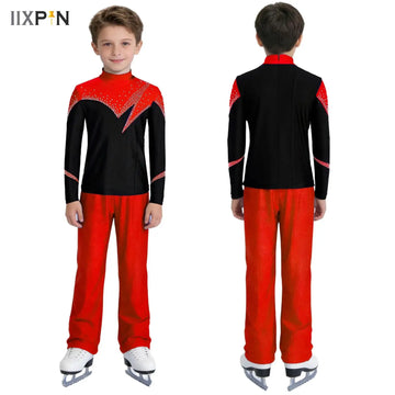 Kids Boys Figure Ice Skating Suit Long Sleeve Rhinestone Top with Pants Dance Outfit for Training Practice Acrobatics Gym Suit