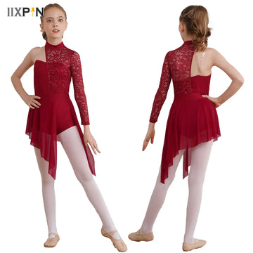 Hot Kids Girls Ballet Lyrical Dance Dress Floral Lace Bodice Boyshorts One-Piece Jumpsuit Contemporary Modern Cha-cha Dancewear