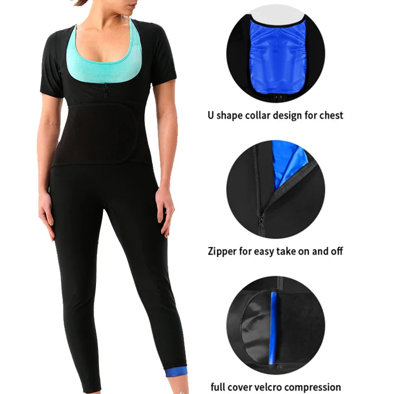Women Sauna Sweat Suits Short Sleeve Pants for adult Weight Loss Full Body Shaper Compression Sets with Crotch Armpit Breathable