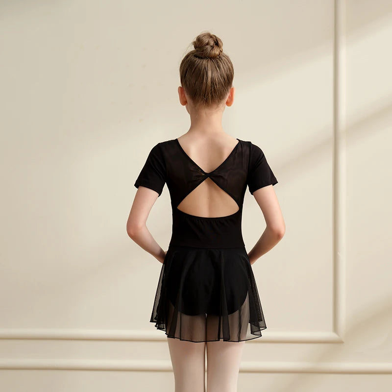Girls Short Sleeve Ballet Leotard Girls Mesh Dance Leotard with Skirt  Back Bow Knot Dancewear Kids Back to School Clothes