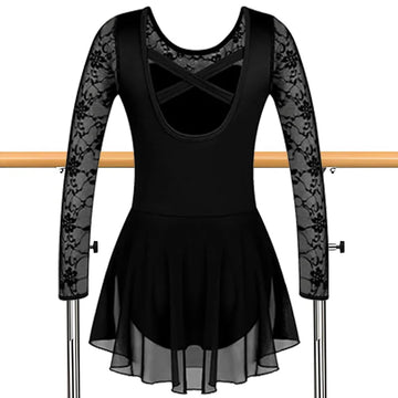 Girls Lace Long Sleeves Ballet Dress Dance Leotards for kid Gymnastic Dance Tops with Mesh Skirt and Soft Lining Bodysuits