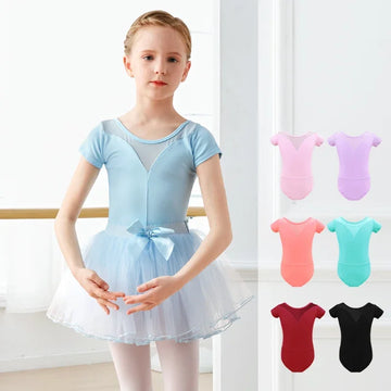 Girls Ballet Leotard Splicing Dance Leotards Gym Long Sleeve Dance Clothing Kids Pink Short Sleeve Ballet Bodysuits Swimwear