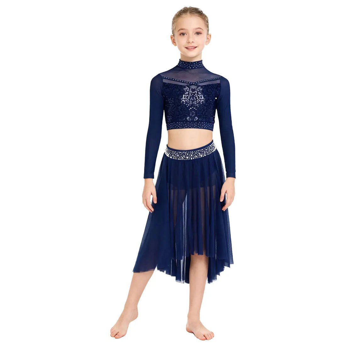 Big Girls Lyrical Dance Set Rhinestones Crop Tops with Side Slit Irregular Mesh Skirt Modern Contemporary Competition Dancewear