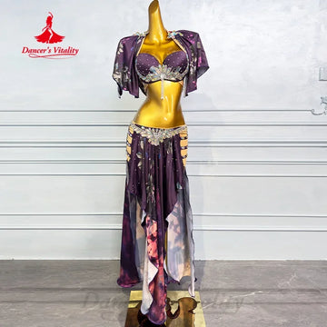 Belly Dancing Performance Costume for Women Customized Luxury Rhinestone Satin Printing Set Oriental Dance Competition Clothing