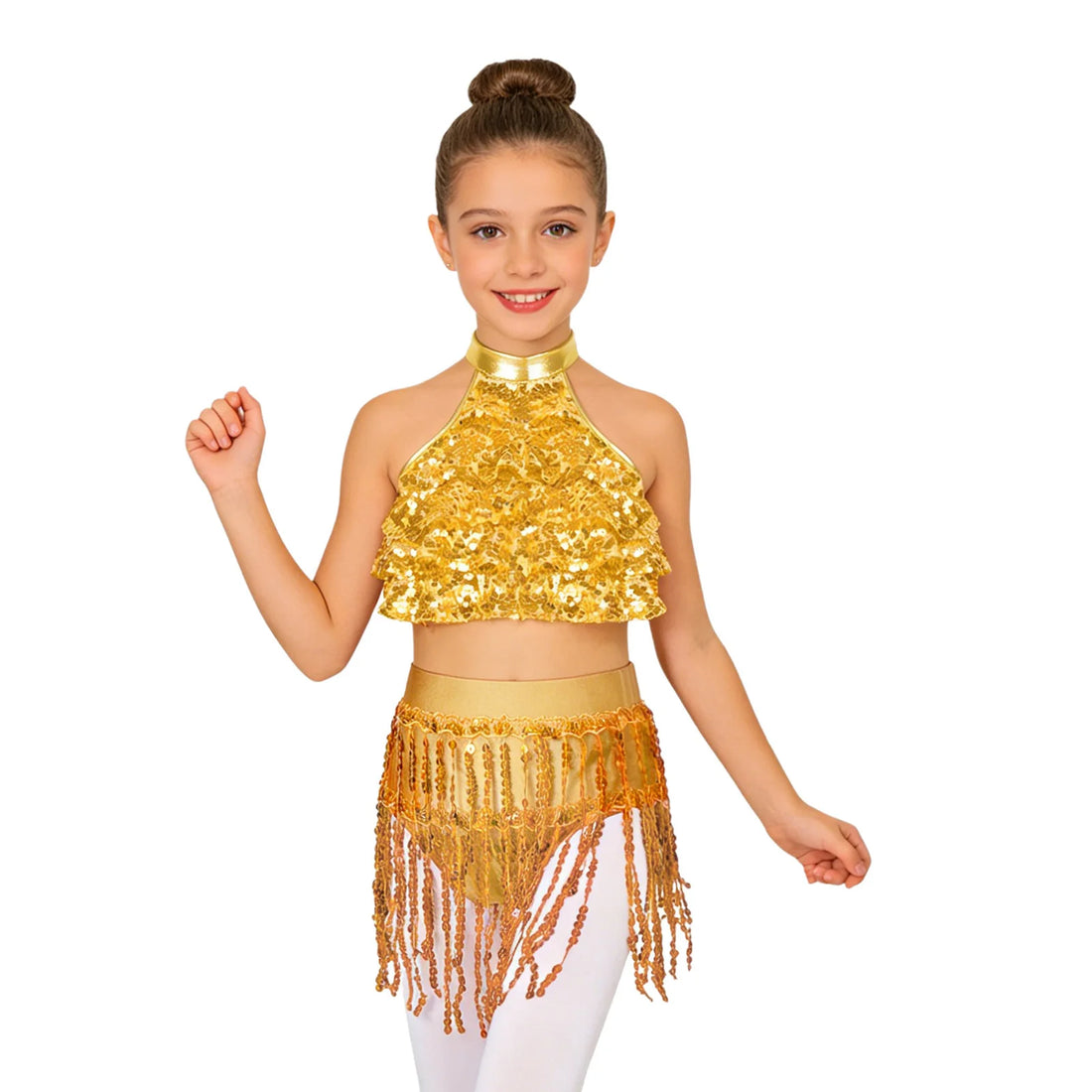 Kids Girls Sparkly Sequins Ballet Dance Outfits Modern Latin Jazz Dancing Performance Costume Ballroom Dancewear Crop Top+Skirts