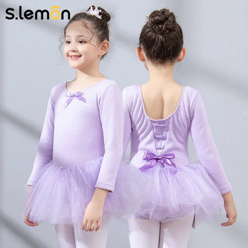 Girls Ballet Leotard Tulle Skirt Pink Long-Sleeve Fleece-Lined Starry Mesh One-Piece Dress Dancewear Performance Costume