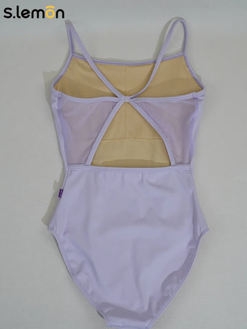 Girls Ballet Leotard Women Light Purple Spaghetti Strap Triangle Mesh Back Cotton-Spandex Bodysuit for Ballet Gymnastics Yoga