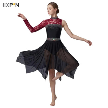 Kids Girl Lyrical Performance Dance Dress Single Long Sleeve Floral Lace Ballet Figure Skating Gymnastics Leotard Mesh Tutu
