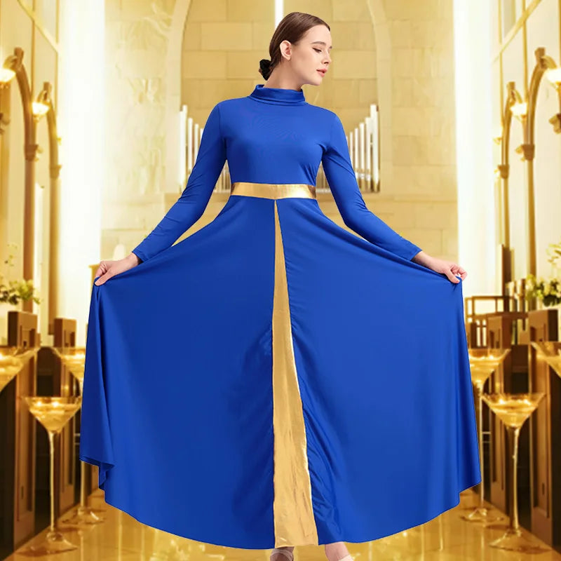 Women's Long Sleeve Praise Dance Dress for Adult Worship Liturgical Church Robe with Fold High Neck and Flared Swing Skirts