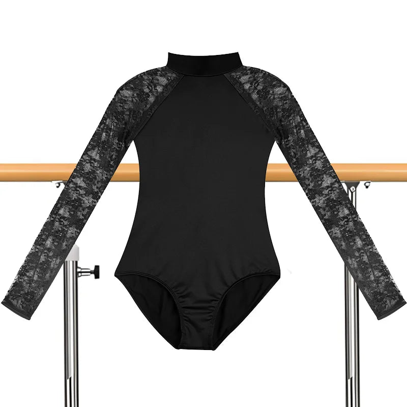 Women Turtleneck Lace Long Sleeves Ballet Dance Leotards for adult and kid Gymnastics Tops with Water-drop Hollow Back Bodysuits