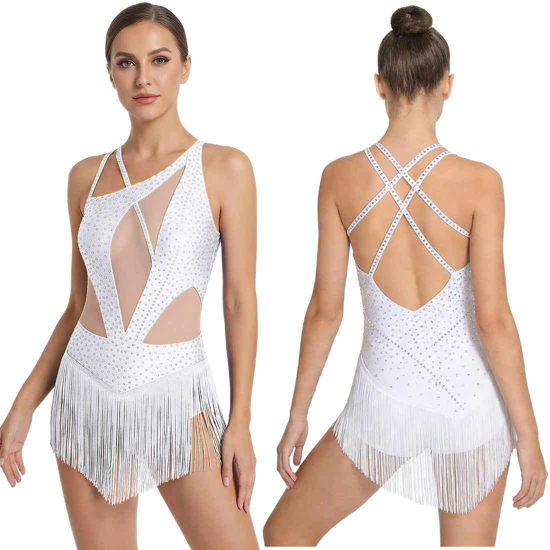Women Ballet Dance Leotard Rhinestone Tassel Bodysuit Dress Gymnastics Figure Skating Latin Stage Performance Costume Dancewear