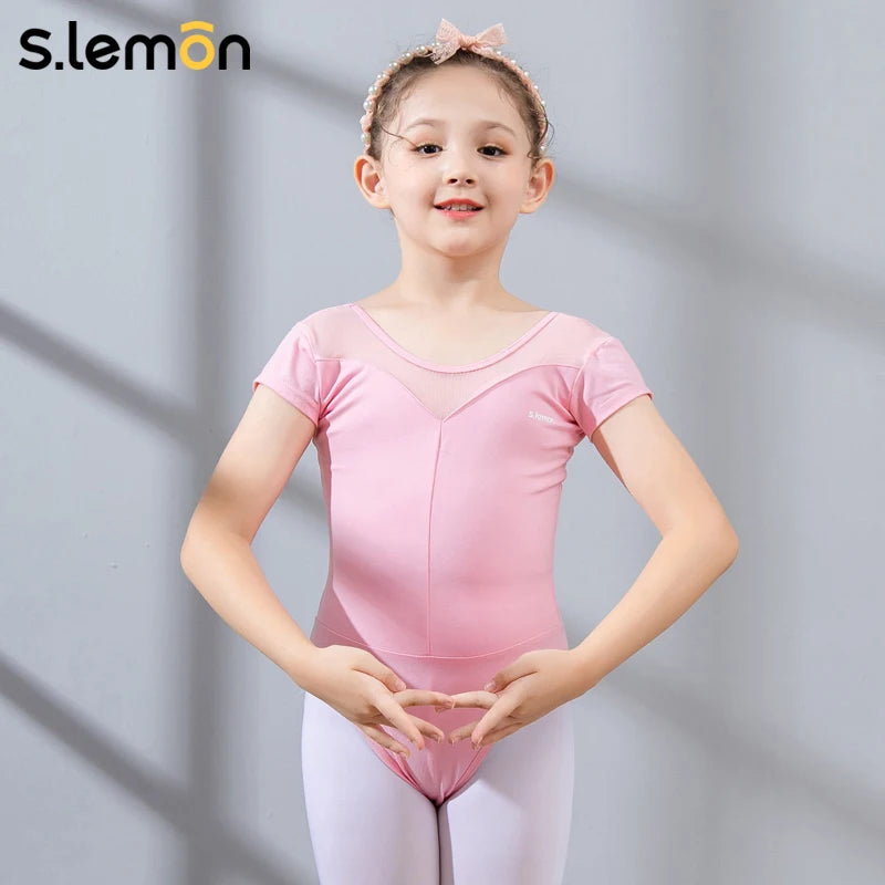 S.lemon Toddler Ballet Leotard + Skirt Dance Training Set Girls Short Sleeve Mesh Performance Gymnastics Outfit 90-150CM Girls