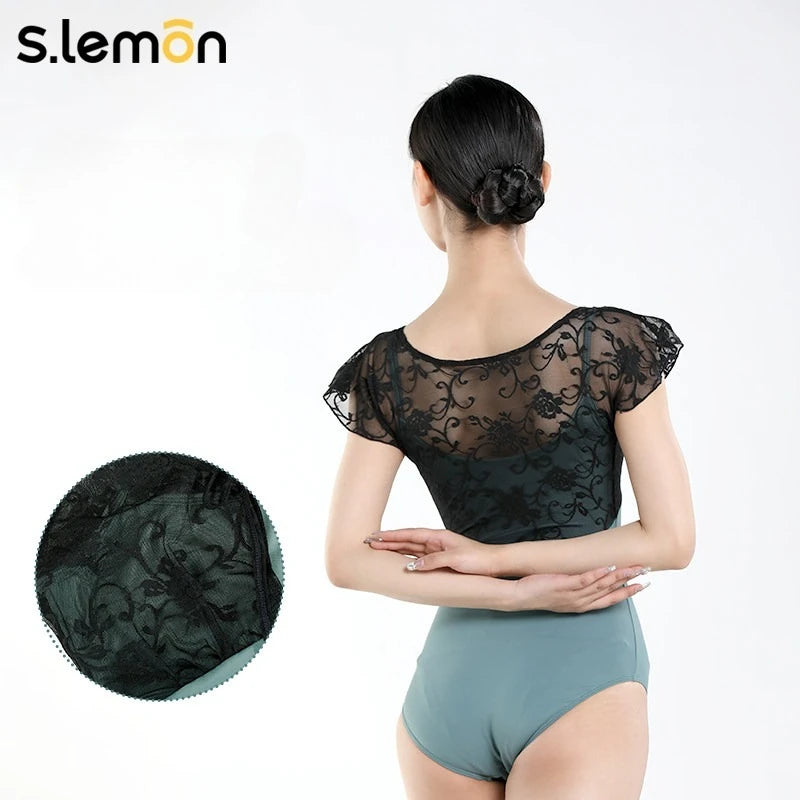 S.lemon Professional Ballet Leotard for Women Lace Short Sleeve High-Cut Dance Performance Practice Wear