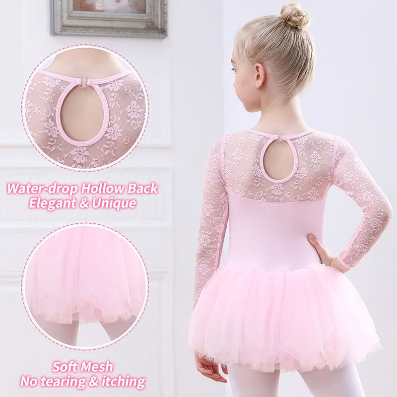 Girls Lace Long Sleeve Ballet Dress Dance Leotards for girl Gymnastics Tutu Skirts with Water-drop Hollow Back and Soft Lining