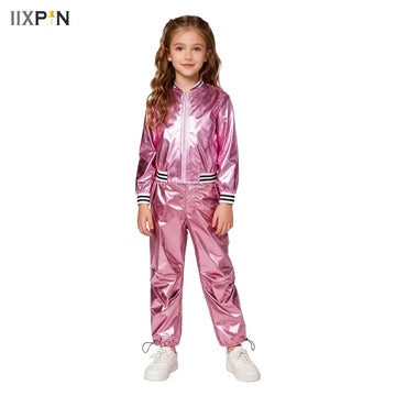 Girls Shiny Jazz Hip Hop Crop Top with Wide-Leg Pants Street Dance Outfits for Disco Dance Competitions Performance