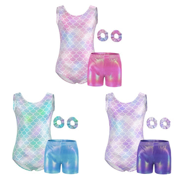 Girls Gymnastics Leotard 4 Piece Dance Unitard for Kids Athletic Tumbling Outfits Sleeveless  Shiny Gradient Mermaid  Activewear