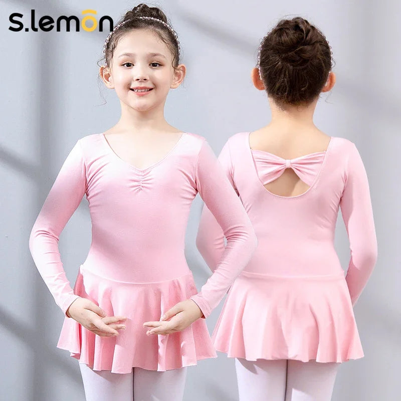 S.lemon Kids Ballet Leotard Dress Back Bow Design Girls' Dance Practice & Performance Outfit Chinese Dance One-Piece Dance Suit