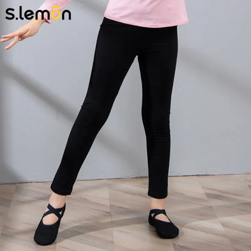 Girls High-Waisted Cotton Dance Leggings Black 3/4 Capri Length Ballet Tights for Kids Slim-Fit Gymnastics Ballet Practice Pants
