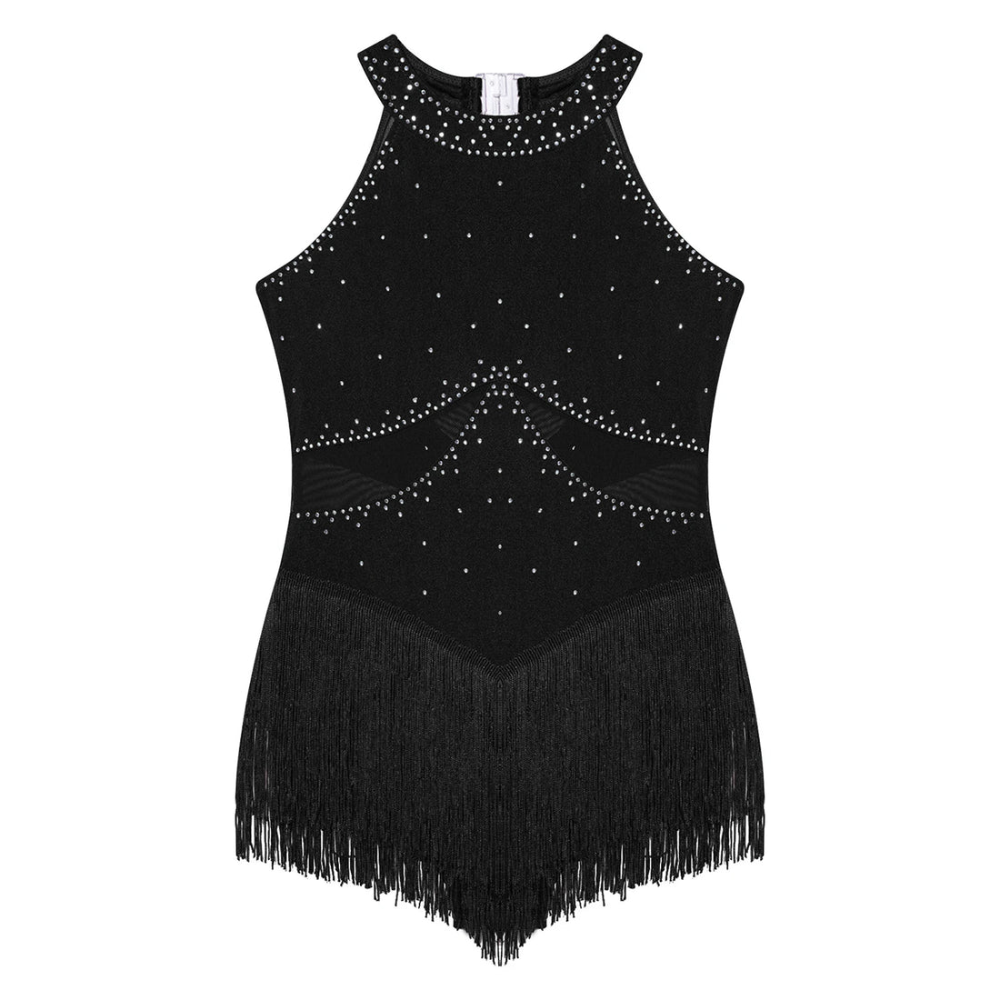 Kids Girls Fringed Latin Jazz Dance Leotard Dress Rhinestones Sheer Mesh Patchwork Tassel Bodysuit Ballroom Party Gown Costume