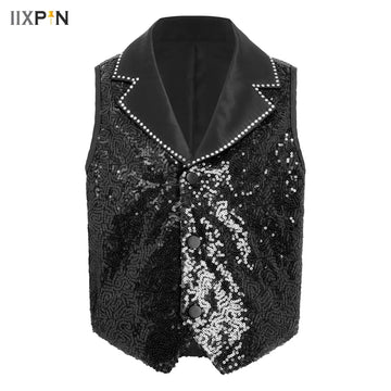 Kids Boys Girls Sequin Jazz Dance Stage Performance Tops Sleeveless Asymmetrical Tank Top Birthday Party Banquet Choir Waistcoat