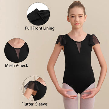 Girls Ballet Leotards Mesh V-neck and Full Front Lining Kids Flutter Sleeve Dance Leotards Children Black Mesh Hollow Dancewear