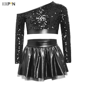 Kids Girls Hip Hop Jazz Dance Set Cheerleading Performance Costume Shiny Long Sleeve Sequin Crop Top with Tutu Skirt Dancewear