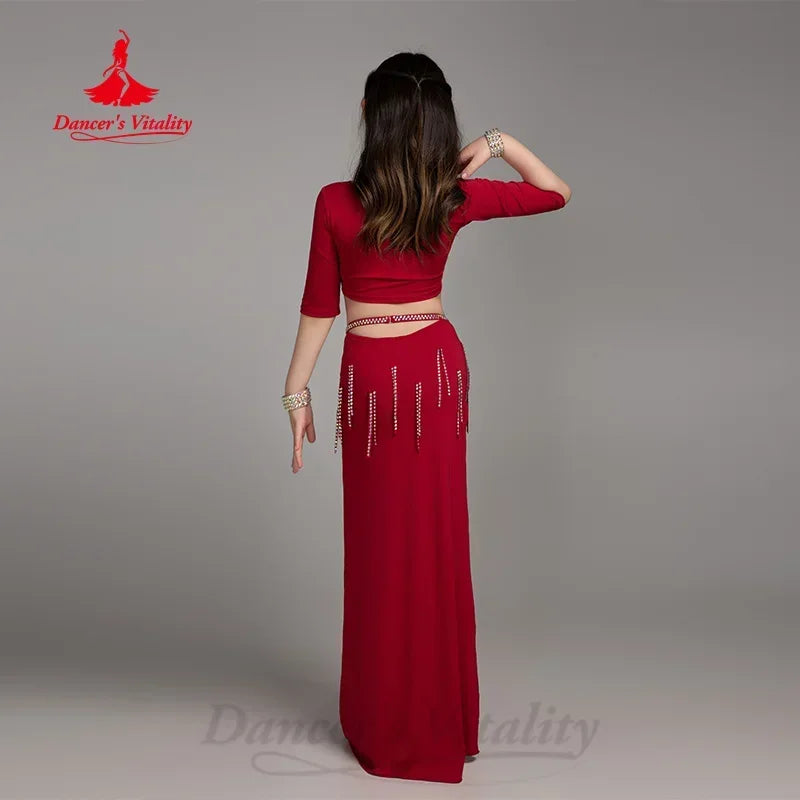 Belly Dancing Clothing for Kid V-neck Half Sleeve Top+AB Stones Tassel Long Skirt 2pcs Children Oriental Dance Practice Clothes