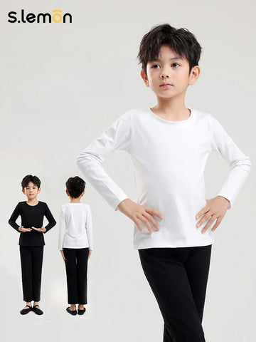 Boys' White Long Sleeve Cotton-Spandex Dance T-Shirt – Ballet Chinese Latin Practice Top for Kids
