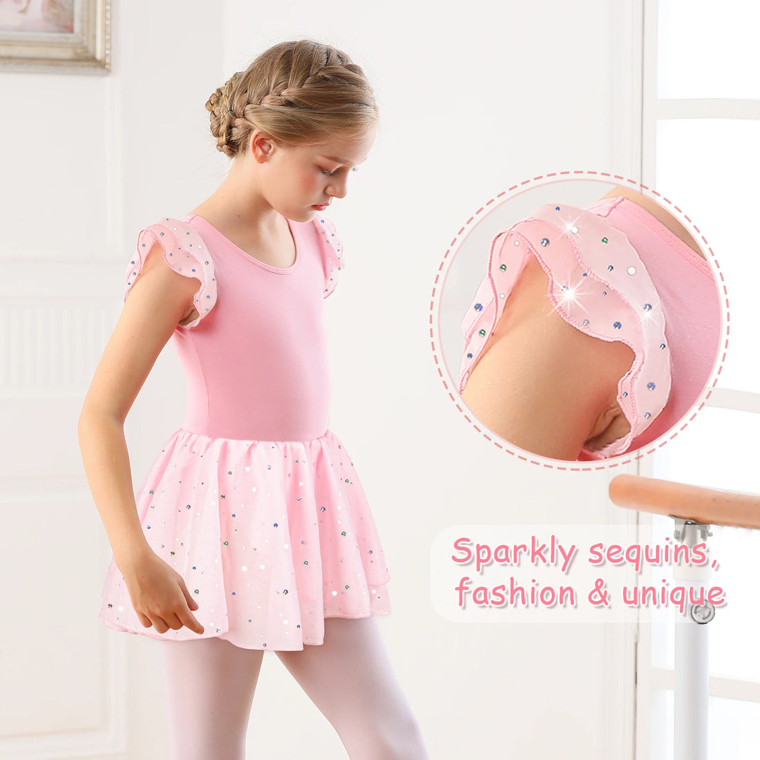 Girls Ballet Leotards for Dance Ruffle Sleeve Ballet Dress Hollow Crisscross Back, Shiny Skirt