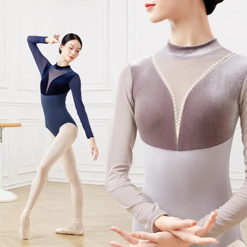 Ballet Leotards For Women Stand Collar Velvet Patchwork Mesh Leotard Ballerina Clothes Long Sleeve Bodysuit Swimwear Costume