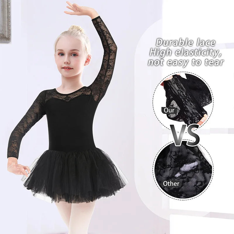 Girl Lace Long Sleeve Dress Ballet Dance Leotards for kids Gymnastics Dance Tutu Skirts with Water- drop Hollow Back and Lining