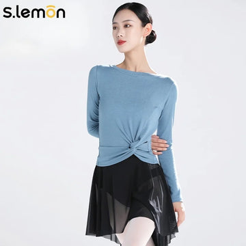 S.lemon Ballet Practice Top Women Long Sleeve Chinese Dance Bodysuit Round Neck Side Twist Warm Gymnastics Training Shirt