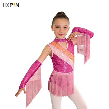 Kids Girls Rhythmic Jersey Gymnastics Latin Jazz Dance Performance Costume Shiny Sequins Tassels Leotard with Gloves Dance Suit